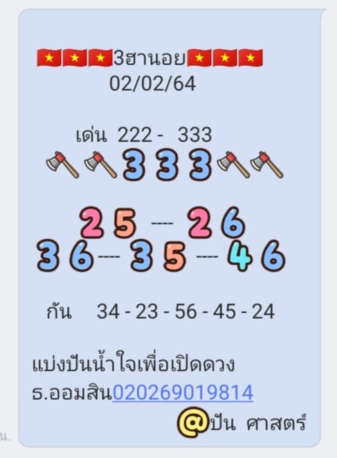 แนวทางหวยฮานอย 2/2/64